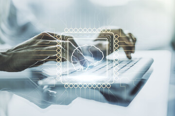 Poster - Double exposure of creative human brain microcircuit with hand typing on computer keyboard on background. Future technology and AI concept
