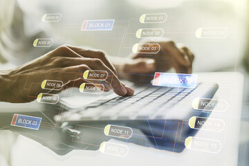 Poster - Double exposure of abstract creative programming illustration and hands typing on laptop on background, big data and blockchain concept