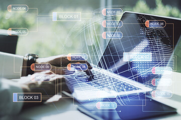 Poster - Abstract creative coding illustration with world map and hands typing on laptop on background, international software development concept. Multiexposure