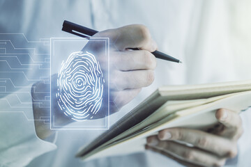 Aufkleber - Abstract creative fingerprint concept with man hand writing in notebook on background. Multiexposure