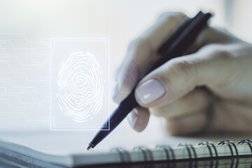 Aufkleber - Double exposure of abstract creative fingerprint hologram with woman hand writing in notepad on background, protection of personal information concept