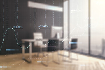 Poster - Double exposure of abstract creative statistics data hologram and modern desk with computer on background, analytics and forecasting concept