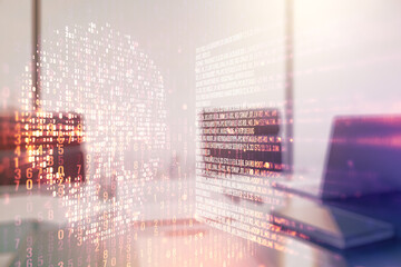 Leinwandbilder - Creative code skull hologram and modern desktop with pc on background, cybercrime and hacking concept. Multiexposure