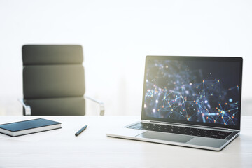 Poster - Modern computer monitor with technology desktop. Research and development software concept. 3D Rendering