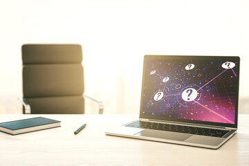 Aufkleber - Creative abstract question mark sketch on modern laptop monitor, FAQ and research concept. 3D Rendering