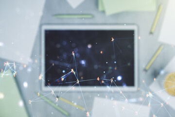 Aufkleber - Creative concept of wireless technology and modern digital tablet on background, top view. Big data and database concept. Multiexposure