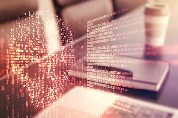 Poster - Creative code skull hologram on modern computer background, cybercrime and hacking concept. Multiexposure