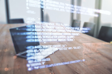 Poster - Abstract creative coding illustration on modern computer background, software development concept. Multiexposure