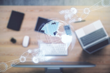 Aufkleber - Creative abstract robotics technology sketch with globe on modern laptop background, future technology and AI concept. Double exposure