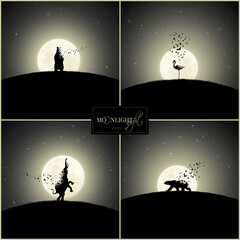 Poster - flamingo, bear, elephant silhouettes. endangered animal set. full moon
