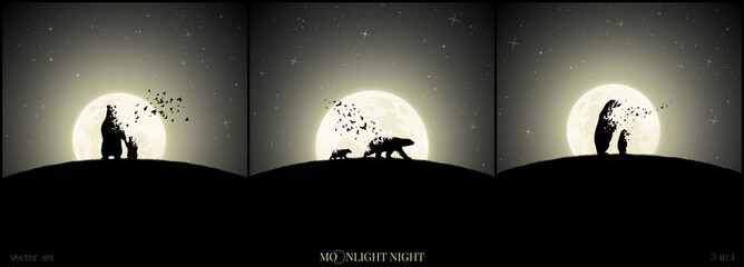 Poster - bear family. endangered animals set. full moon. death and afterlife