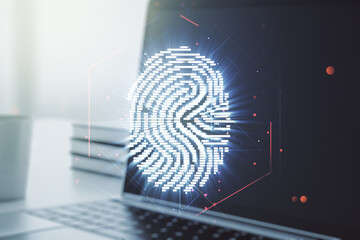 Aufkleber - Double exposure of abstract creative fingerprint hologram on laptop background, research and development concept
