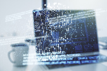 Poster - Creative code skull hologram on modern computer background, cybercrime and hacking concept. Multiexposure
