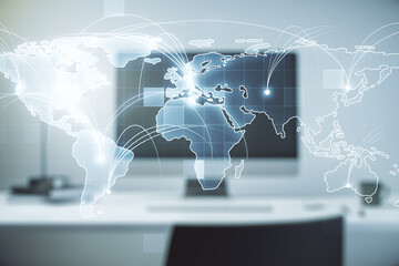 Aufkleber - Abstract graphic digital world map with connections on modern computer background, globalization concept. Multiexposure