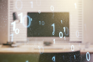 Aufkleber - Creative abstract binary code hologram on modern computer background, AI and machine learning concept. Multiexposure