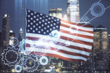 Aufkleber - Double exposure of abstract virtual robotics technology hologram on USA flag and blurry cityscape background. Research and development software concept