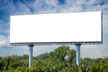 blank billboard on the sideway in the park. image for copy space, advertisement, text and object. white billboard in natural green.