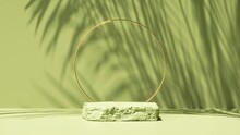 3d Render, Abstract Green Background With Tropical Leaves Shadow And Bright Sunlight. Minimal Scene With Cobblestone Stage And Golden Round Frame For Organic Cosmetic Product Presentation