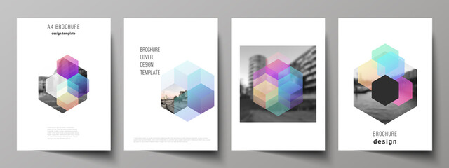 Poster - Vector layout of A4 format cover mockups design templates with colorful hexagons, geometric shapes, tech background for brochure, flyer layout, booklet, cover design, book design, brochure cover.