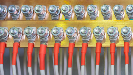 Poster - Color wires in a box of distribution of an electricity, PLC Control panel with wiring, lectric control panel enclosure for power and distribution electricity.