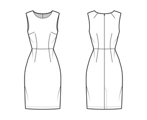 Dress sheath technical fashion illustration with sleeveless, natural waistline, fitted body, knee length pencil skirt. Flat apparel front, back, white color style. Women, men unisex CAD mockup