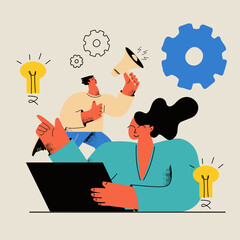 Creative online content and promotion, online work, brainstorming and ideas, innovative solutions, business startup concept. Teamwork flat vector illustration design for mobile and web graphics