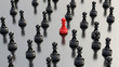 Leadership concept, red pawn of chess, standing out from the crowd of black pawns, on white background. 3D Rendering