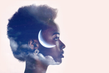 african american black woman profile silhouette portrait with moon and clouds in her head. sleep and