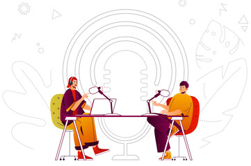 Poster - Podcast web concept. Host and guest broadcasting live or recording interviews. People scene with flat line characters design for website. Vector illustration for social media promotional materials