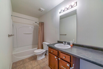 Poster - Modern bathroom with a flush toilet, sink and a bathtub with a shower curtain