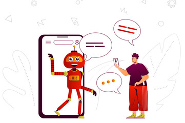 Aufkleber - Virtual assistant web concept. Online assistant robot assists user in mobile app. People scene with flat line characters design for website. Vector illustration for social media promotional materials