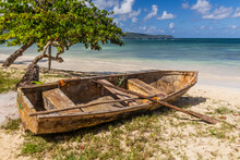 Wooden Boat At A Beach In Las Galeras, Dominican Republic