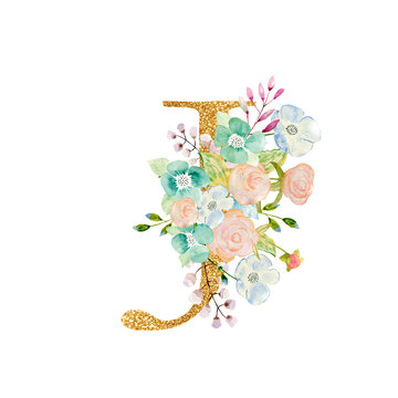 Watercolor floral bouquet and alphabet - gold letter J with flowers composition. Gold alphabet letter on white background.