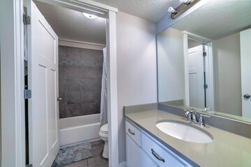 Sticker - Interior of a restroom with a bathtub, flush toilet and sink with drawer and a big mirror