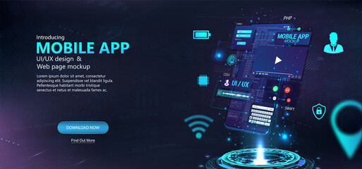 Poster - Mobile app development, phone hologram, wireframe toolkit - UI, UX, Kit, coding, usability with elements user interface, bars UI and icons. 3D modern smartphone with process App development. Vector