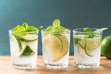 Cold Lime Soda In A Glass On Wooden With Green Background, Tropical And Summer Drink
