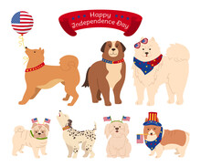 Dog Character Cartoon Set American Independence Day. Funny Patriotic Pet Different Breeds Dogs With Flag USA Flat Style. Hand Drawn Friendly Animals Corgi, Pug Pup. Isolated Vector Illustration
