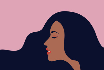 Beautiful black woman face side  with long hair view vector illustration