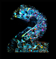 3d render of abstract art 3d fantasy font with letter number two in mix of broken damaged crystal mineral glass diamond and silver metal foil material in neon blue color on isolated black background 