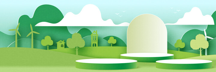 3d Cylinder podium on green nature landscape background.Green ecology and environment concept.Paper art vector illustration.