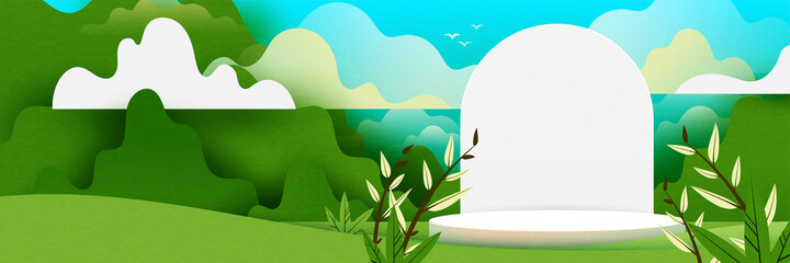 Poster - 3d Paper cut abstract minimal geometric shape template background.White cylinder podium on green nature landscape background.Vector illustration.