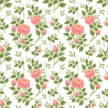 Vintage Summer Floral Seamless Pattern Of Peach Peony Bouquet, Flower Buds And Leaf Branch Illustration Arrangements For Fabric, Textile, Women Fashion, Gift Paper, Feminine And Beauty Products