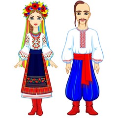 Animation portrait of the Ukrainian family in national  clothes. Full growth. Eastern Europe. Vector illustration isolated on a white background.