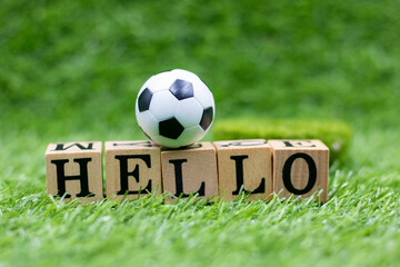 Soccer ball with word Hello is on green grass