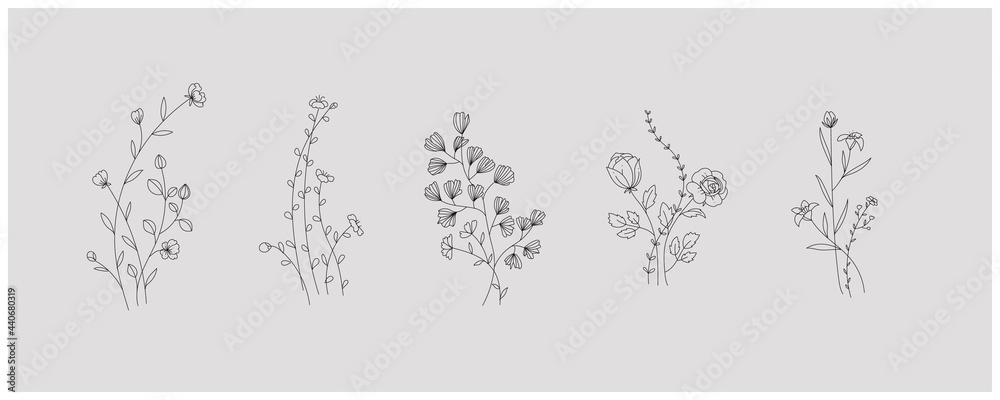 minimal botanical graphic sketch line art drawing, trendy tiny tattoo design, floral elements vector illustration - obrazy, fototapety, plakaty 