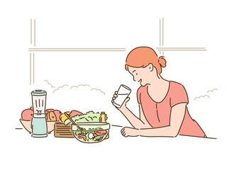 A woman is drinking water and a salad is on the table. hand drawn style vector design illustrations. 