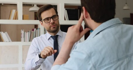 Sticker - Skilled financial advisor giving professional consultation to client. Two business partners discussing project ideas in office. Concentrated hr manager boss holding job interview with candidate.