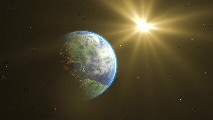 Wall Mural - sunrise and shadow on the earth rotate in space with star in universe. world realistic atmosphere 3d