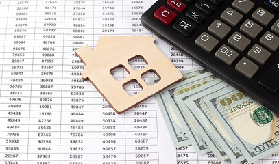 Aufkleber - Paper business graphs with model of house, calculator and key,business