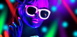 Disco dancer in neon light in night club Fashion model woman in neon light, portrait of beautiful girl with fluorescent make-up, Body Art design in UV, sunglasses, colorful make up. 